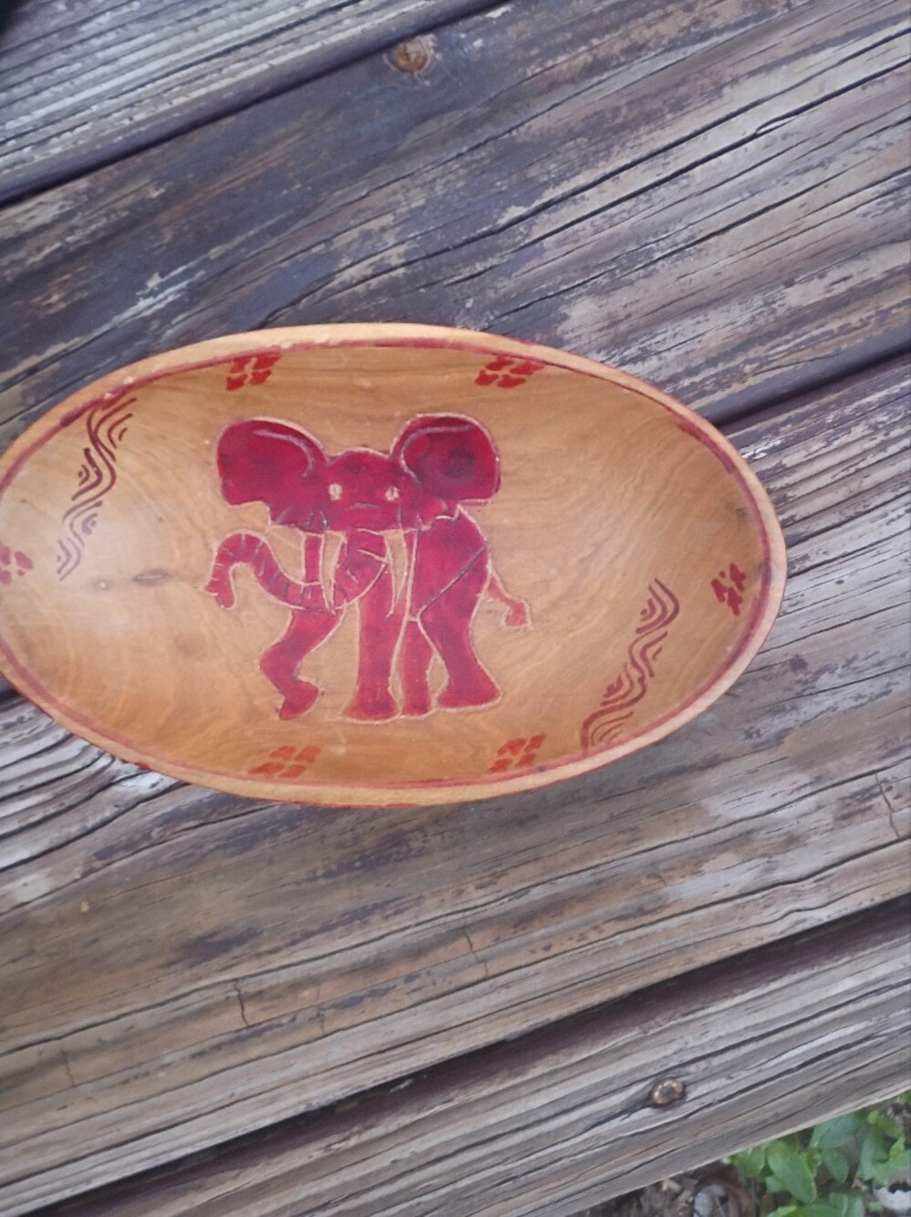 Hand-Carved Wooden Oval Bowl with Red Elephant Motif